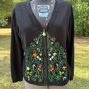 Embroidered Christmas Tree Black Cardigan Sweater Zippered Beaded Sequins